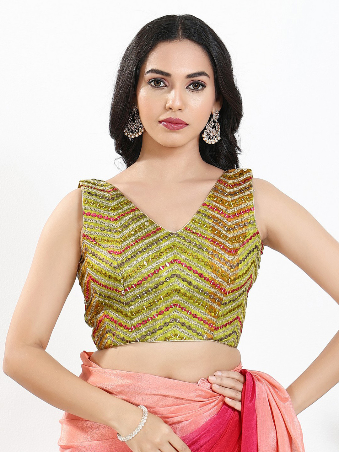 VAMAS - THE DESIGNER BLOUSES Embroidered Sleeveless V-Neck Silk Saree Blouse