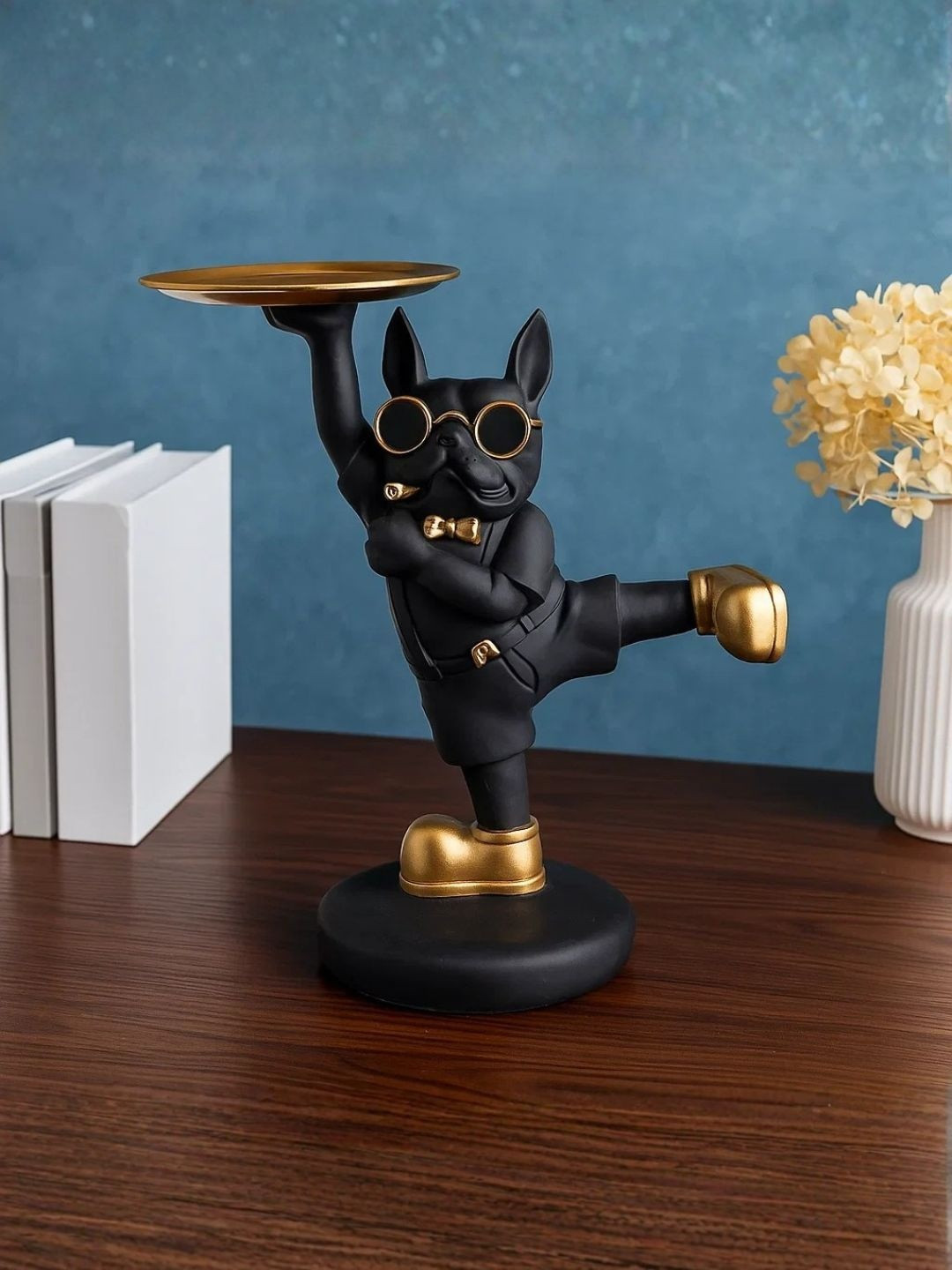 SMOKEY COCKTAIL Black Polyresin Dancing Dog Figurine With Tray Showpiece-5 Inch