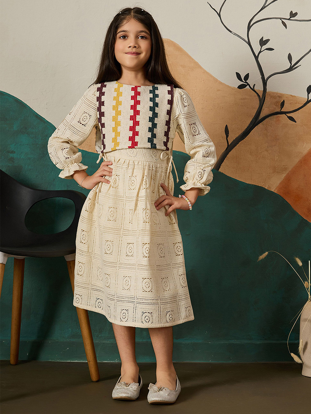 TINY TWILLS Embroidered Puff Sleeve Linen Fit & Flare Midi Dress