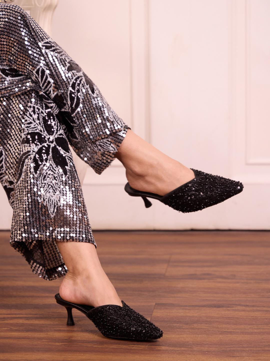 CAI Women Black Beaded Mule Heel