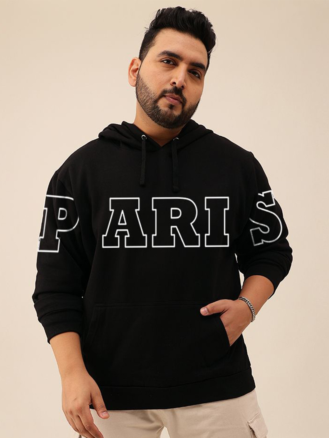 UNSTD Plus Size Men Black Printed Pullover Hooded Sweatshirt