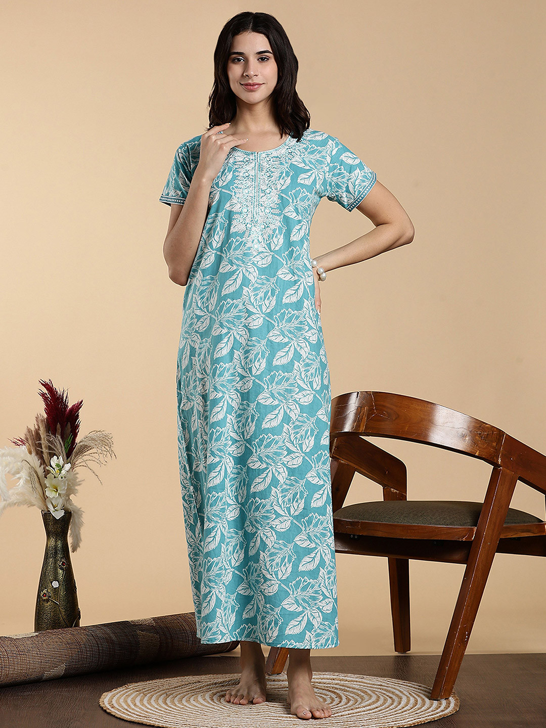 9shines Label Floral Printed Round Neck Short Sleeves Pure Cotton Maxi Nightdress