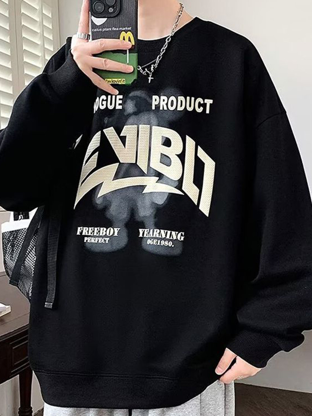 Vogue Product Exhibit Typography Round Neck Pullover Sweatshirt