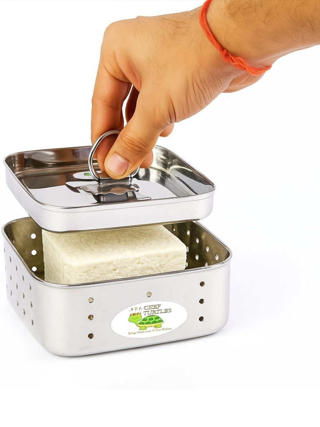 CHEF TURTLES Silver Stainless Steel Strainer With Top Press Lid