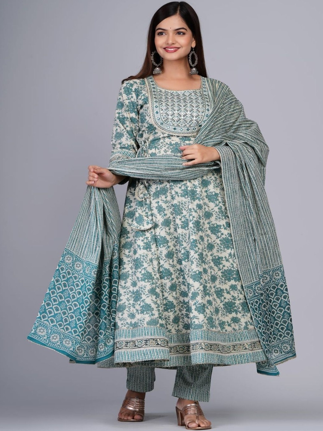 Pollux Craft Women Floral Printed Mirror Work Kurta with Palazzos & Dupatta