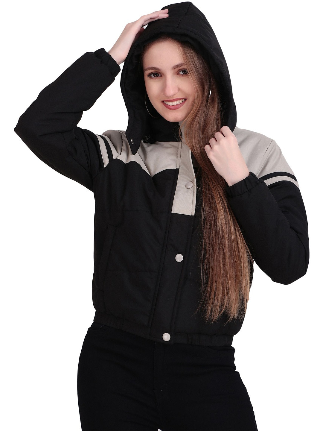 Brazo Women Colourblocked Water Resistant Crop Puffer Jacket with Patchwork