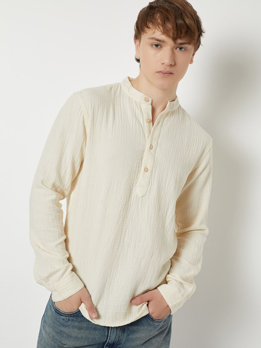 max Band Collar Long Sleeves Pure Cotton Straight Short Kurta