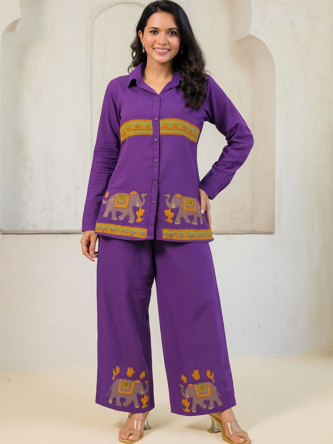 Readiprint Embroidered Long Sleeves Shirts & Palazzos Co-Ords Set