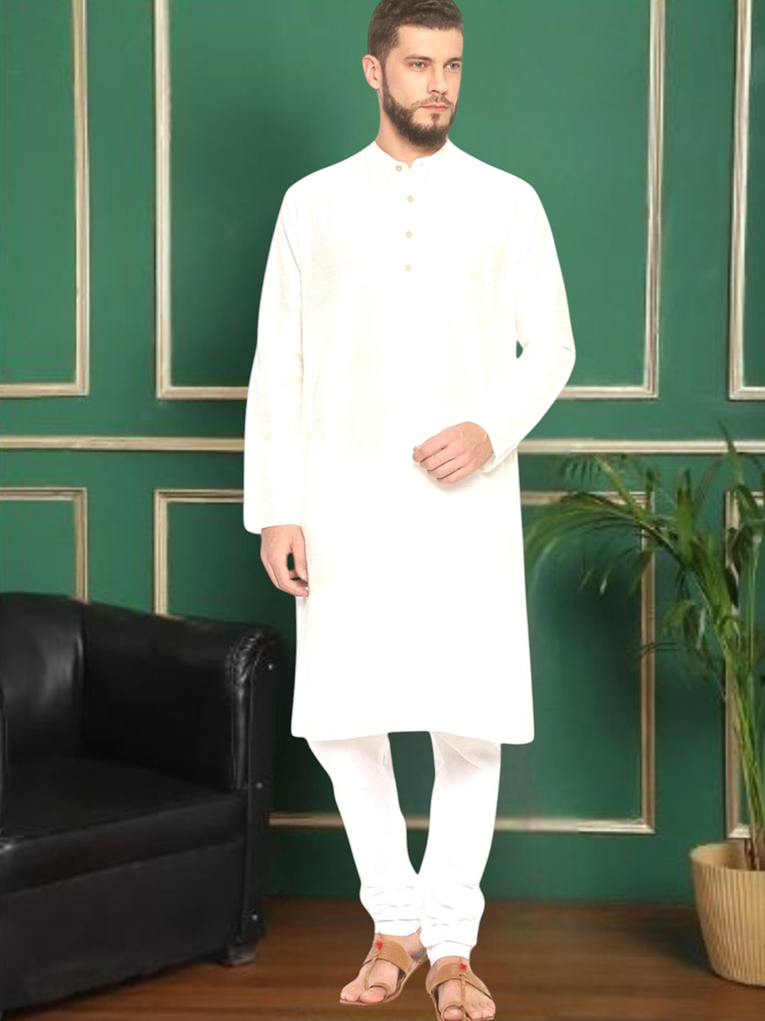 TATTVA Men Cream-Coloured & White Woven Design Straight Kurta