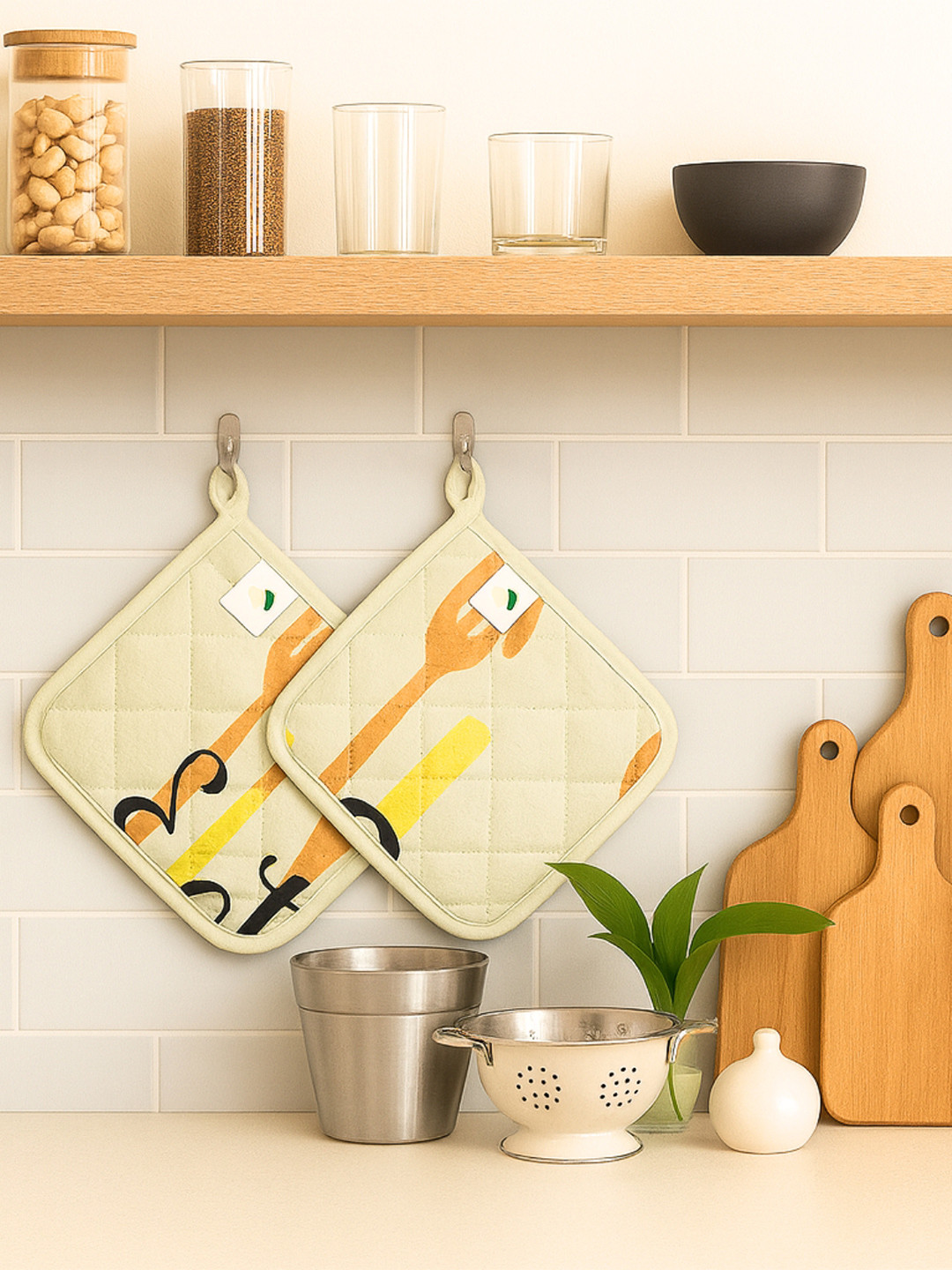 Attica Tracery 2Pcs Beige & Black Printed Pure Cotton Kitchen Towels