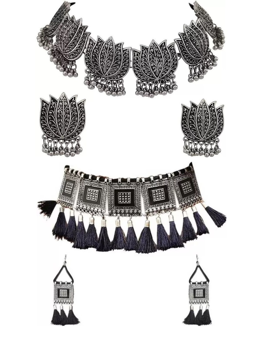 SNH EXPORT Set Of 2 Lotus Designed Silver-Plated Artificial Beaded Necklace And Earrings
