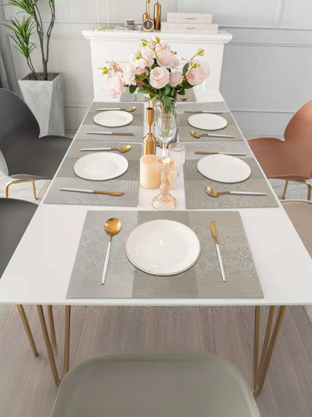 LUXEHOME INTERNATIONAL Beige & Grey 6 Pieces Wave Textured Anti Skid Table Placemats