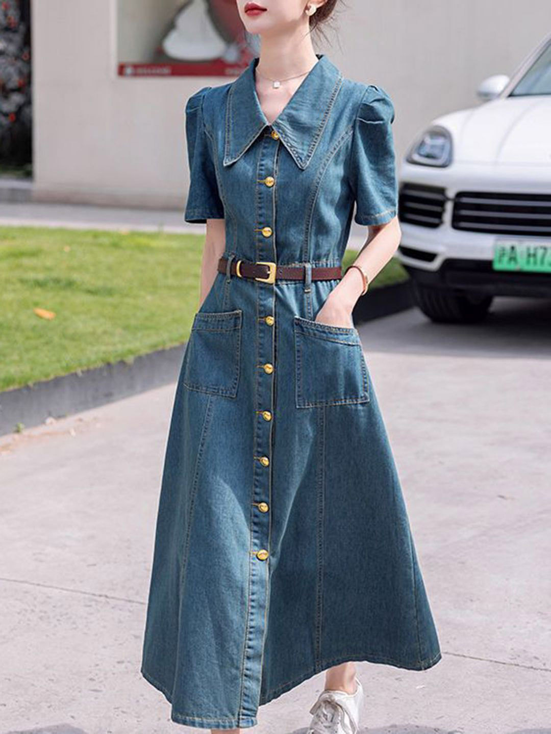 bebe Women Peter Pan Collar Puff Sleeve Indigo Belted Detail Shift Midi Dress