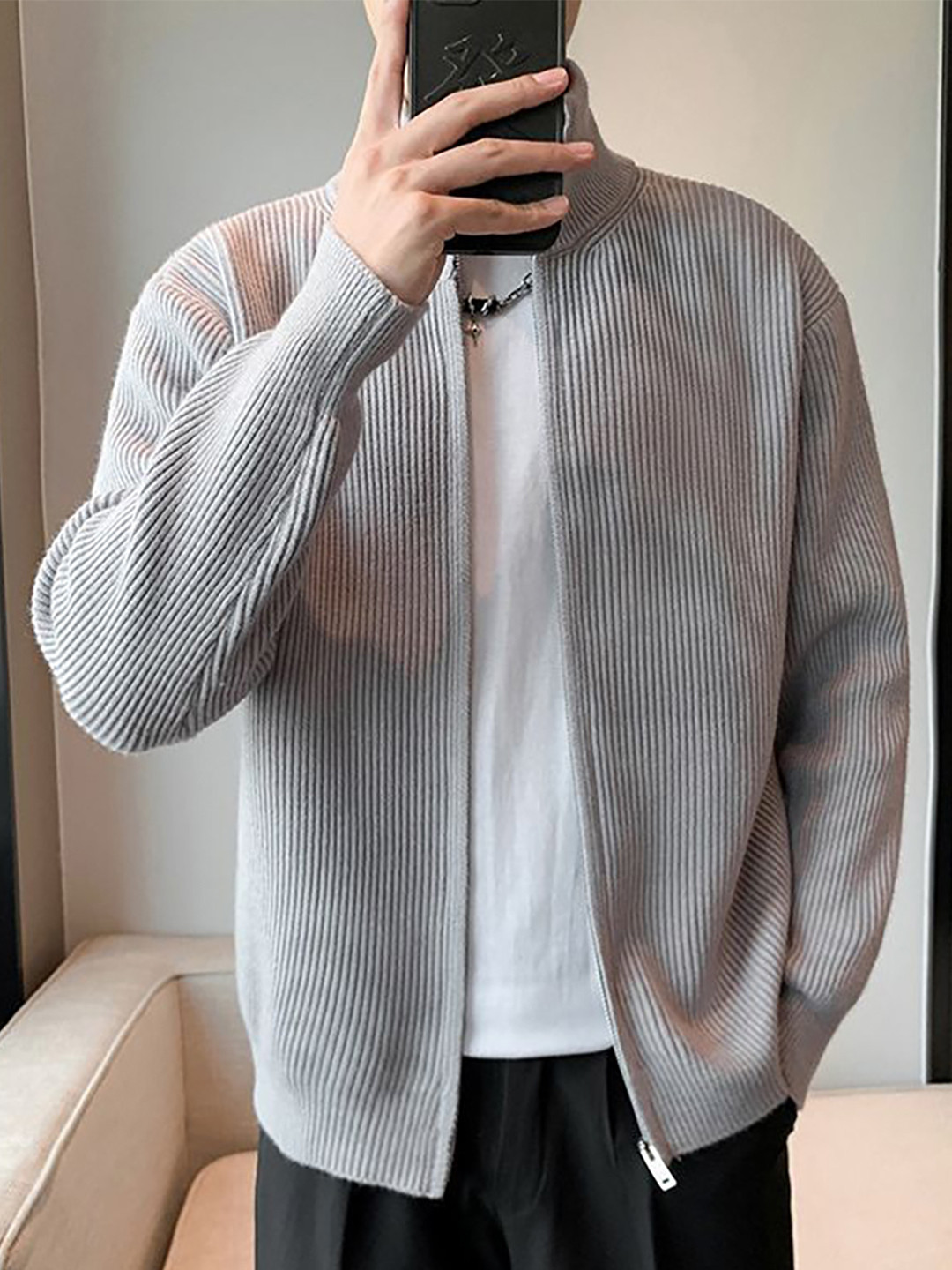 StyleCast x Revolte Self Design Mock Collar Front-Open Cable Knit Sweater