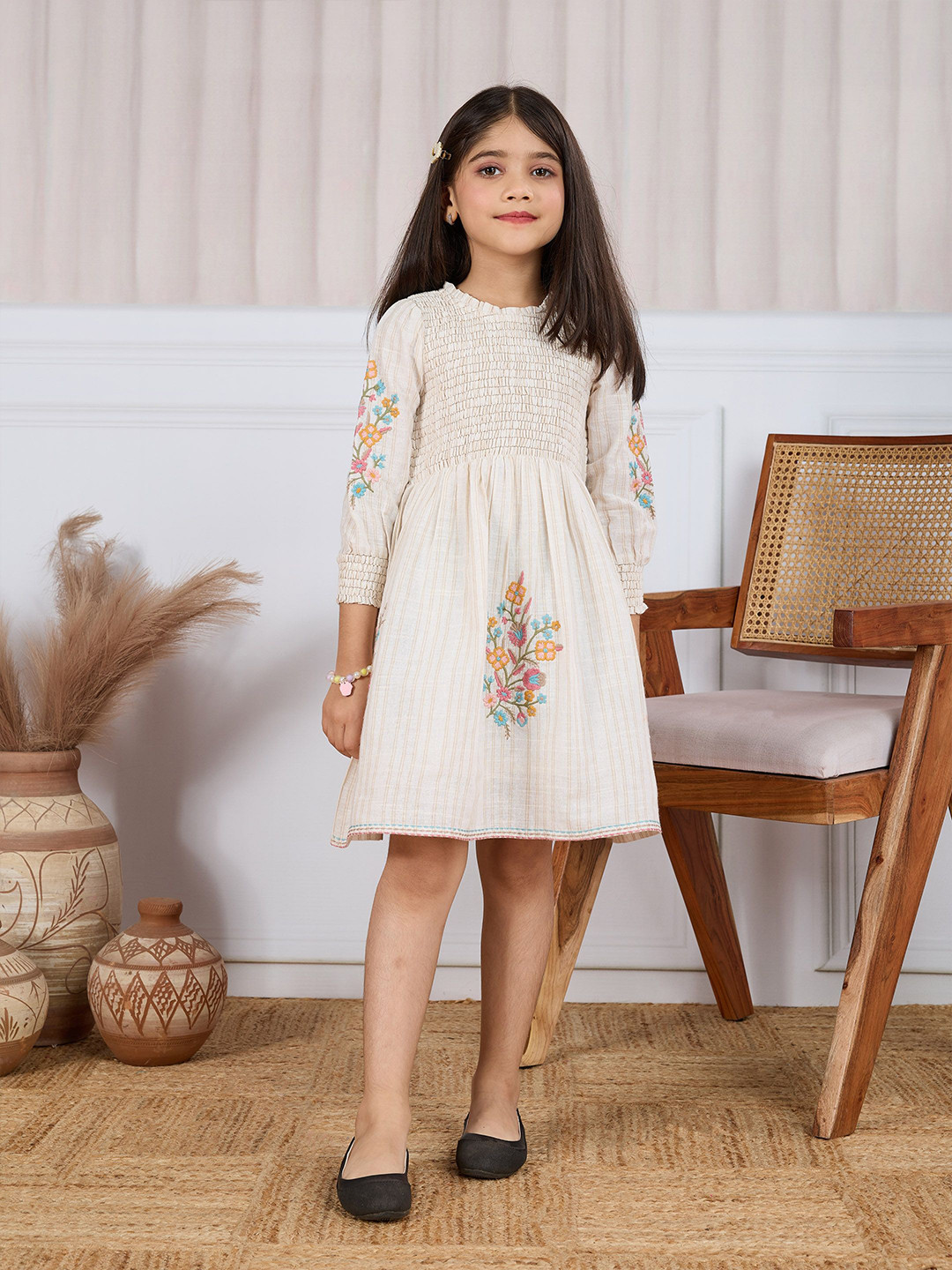 TINY TWILLS Girls Floral Embroidered Puff Sleeve Fit & Flare Khadi Dress