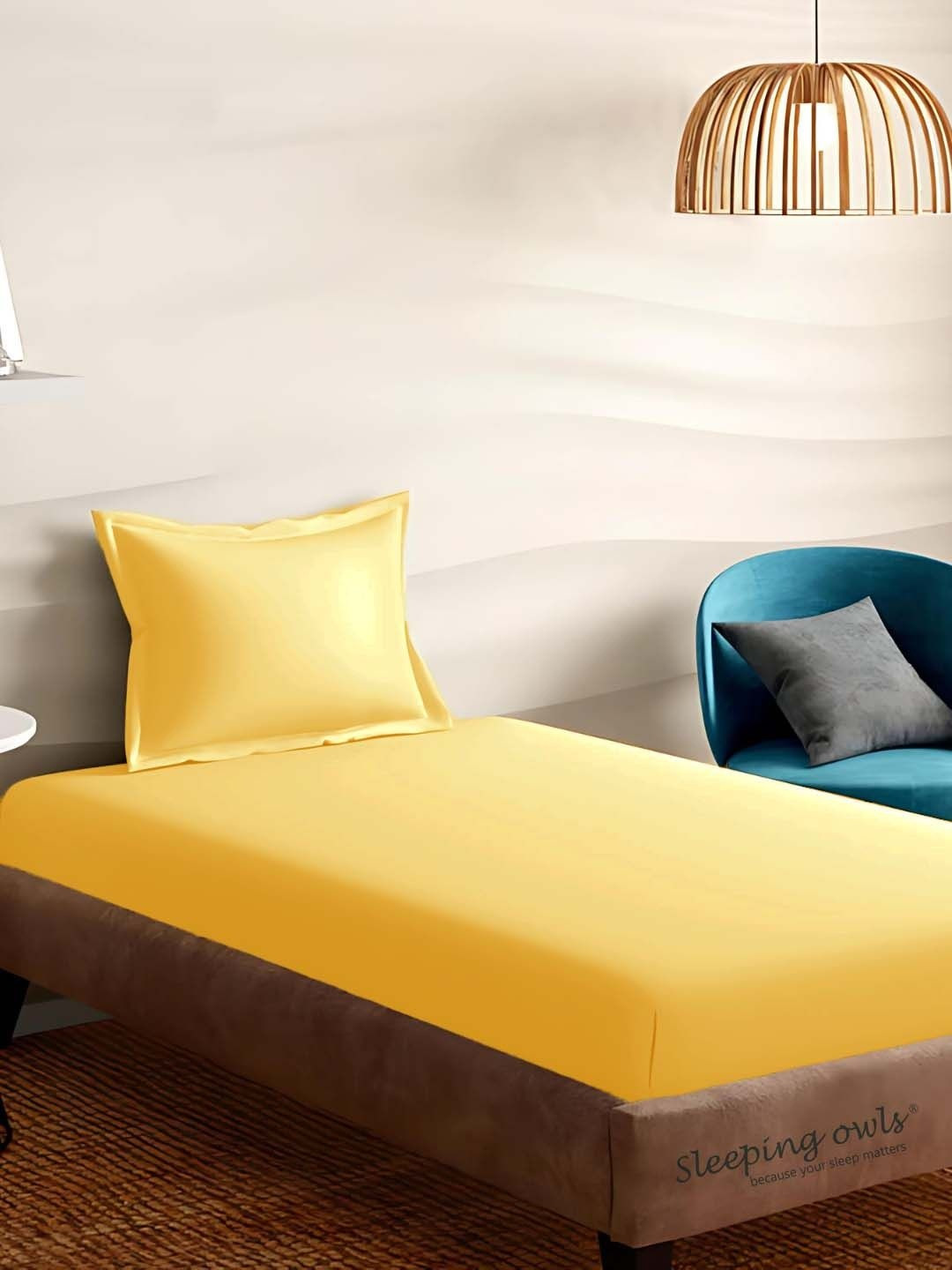 Sleeping Owls Yellow Cotton 210 TC Single Bedsheet with 1 Pillow Cover- 60 Inch X 90 Inch