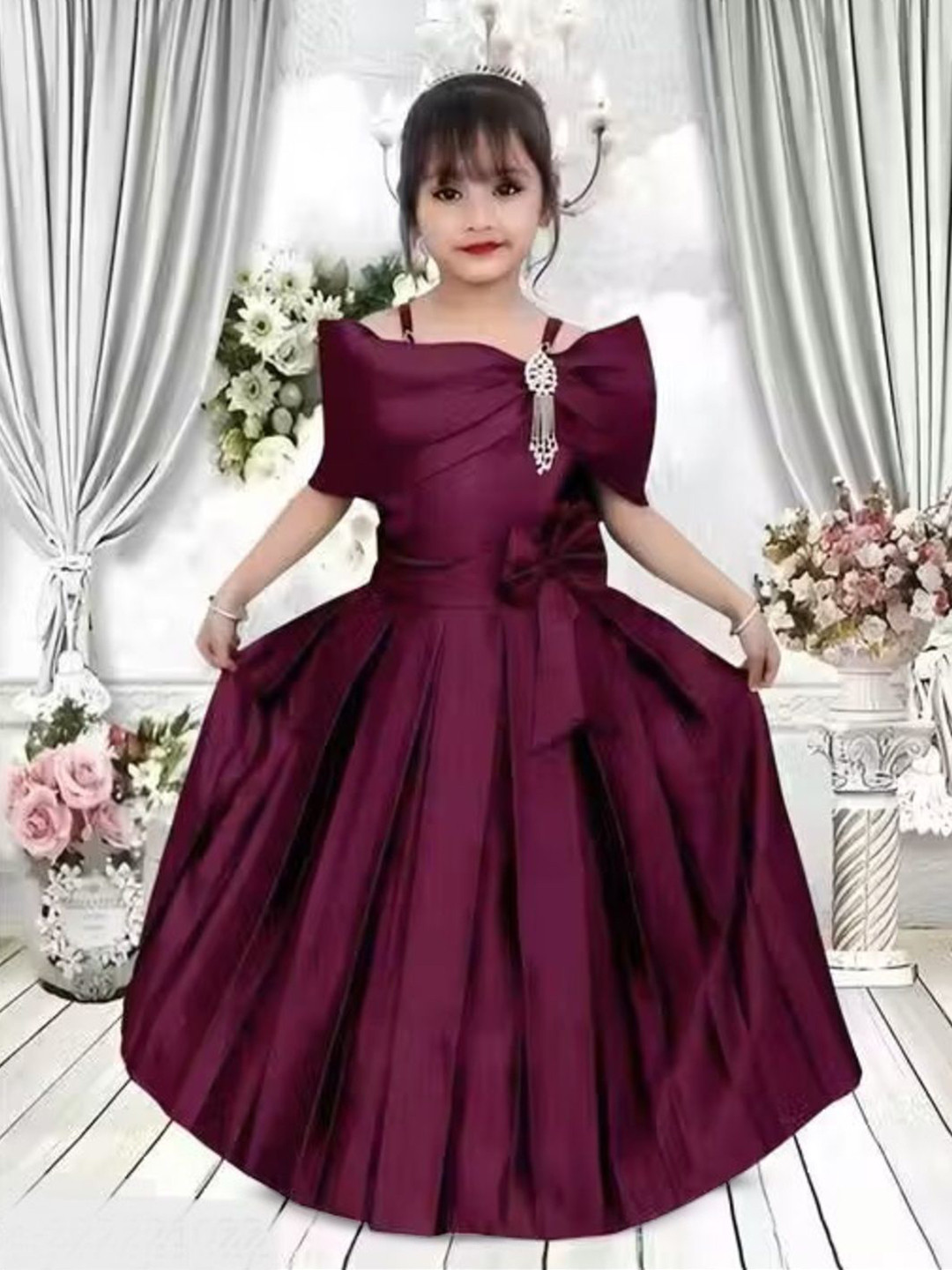 AYUB FASHION Girls Off-Shoulder Satin Casual Fit And Flare Maxi Dress