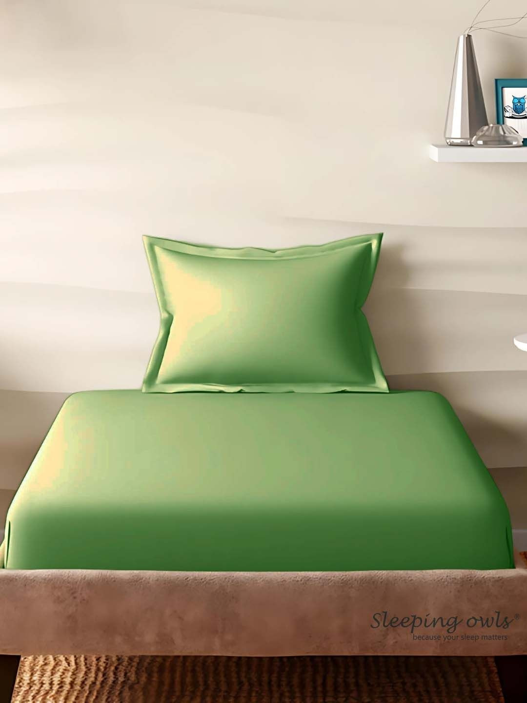 Sleeping Owls Green 210 TC Single Bedsheet with 1 Pillow Covers