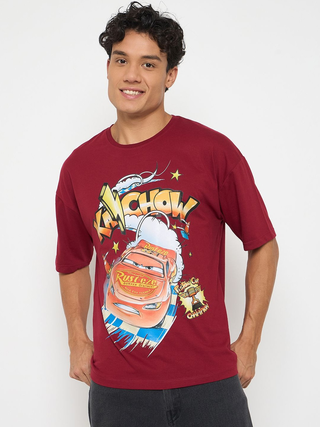 Wear Your Mind Men Cars Printed Drop-Shoulder Sleeves Pure Cotton T-shirt