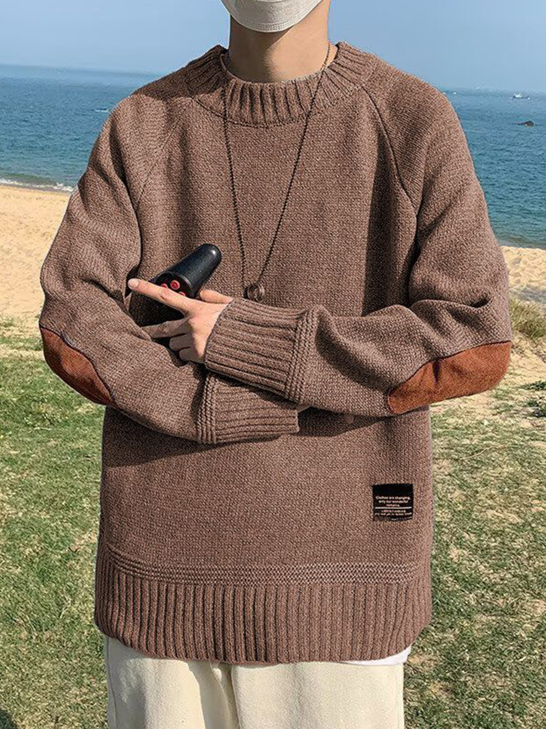 StyleCast x Revolte Cable Knit Round Neck Elbow Patches Pullover