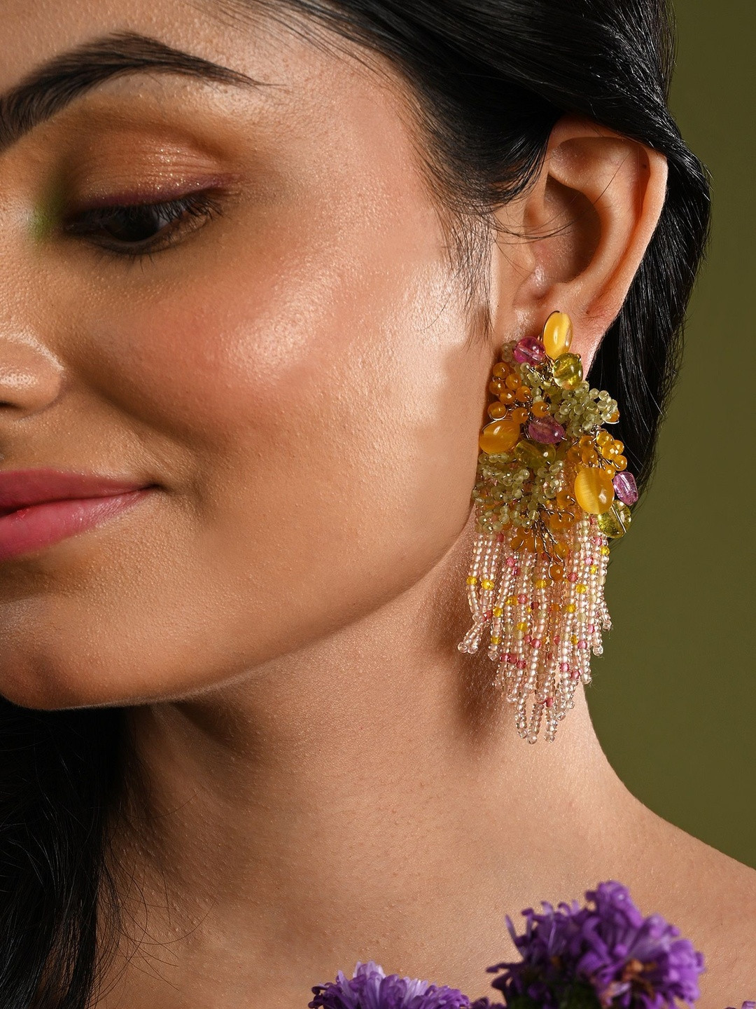 D'oro Gold-Plated Crystals Contemporary Long Tasselled Drop Earrings