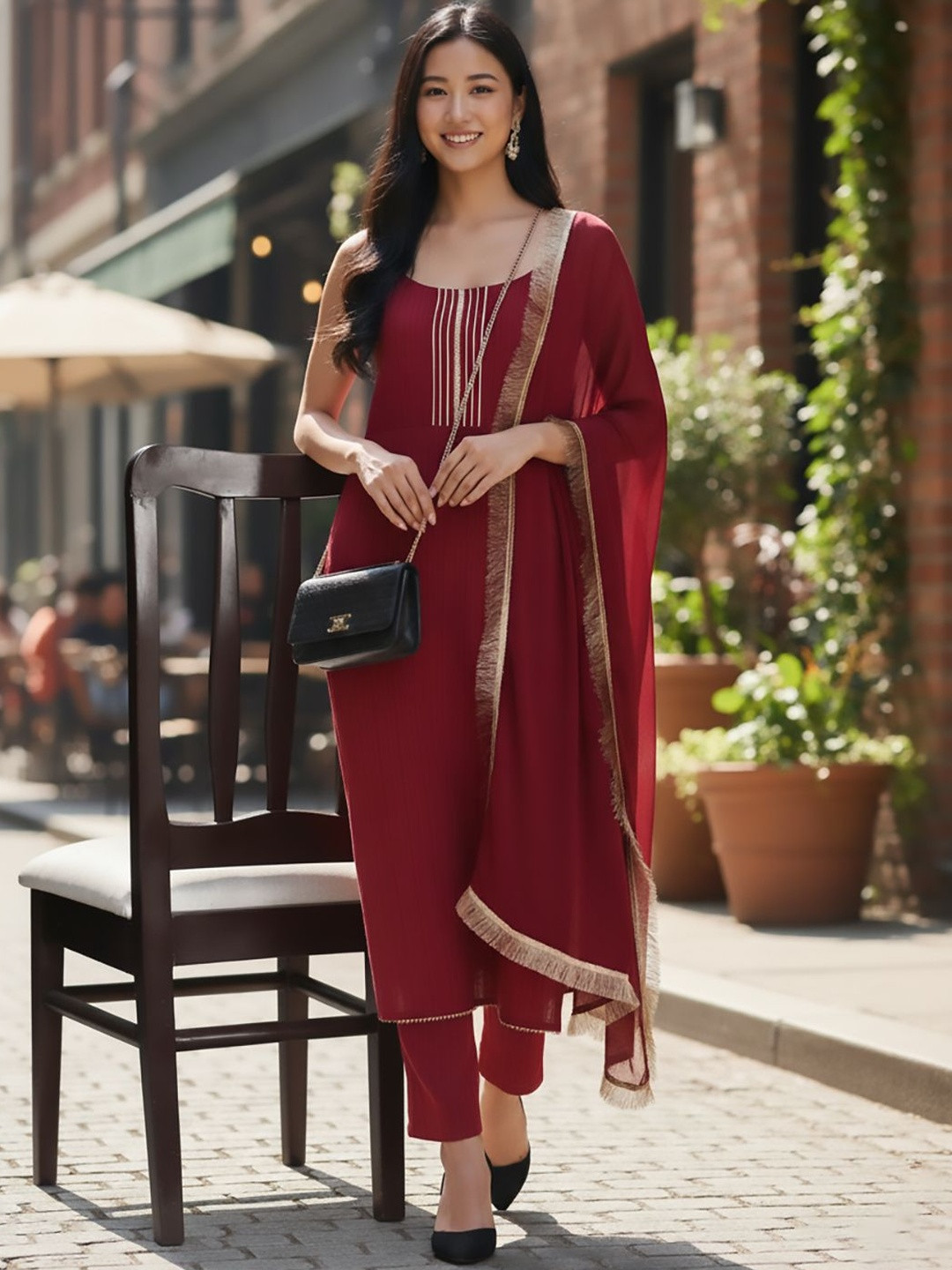 AADVIKA Scoop Neck No Sleeves Gotta Patti Straight Kurta With Trousers & Dupatta