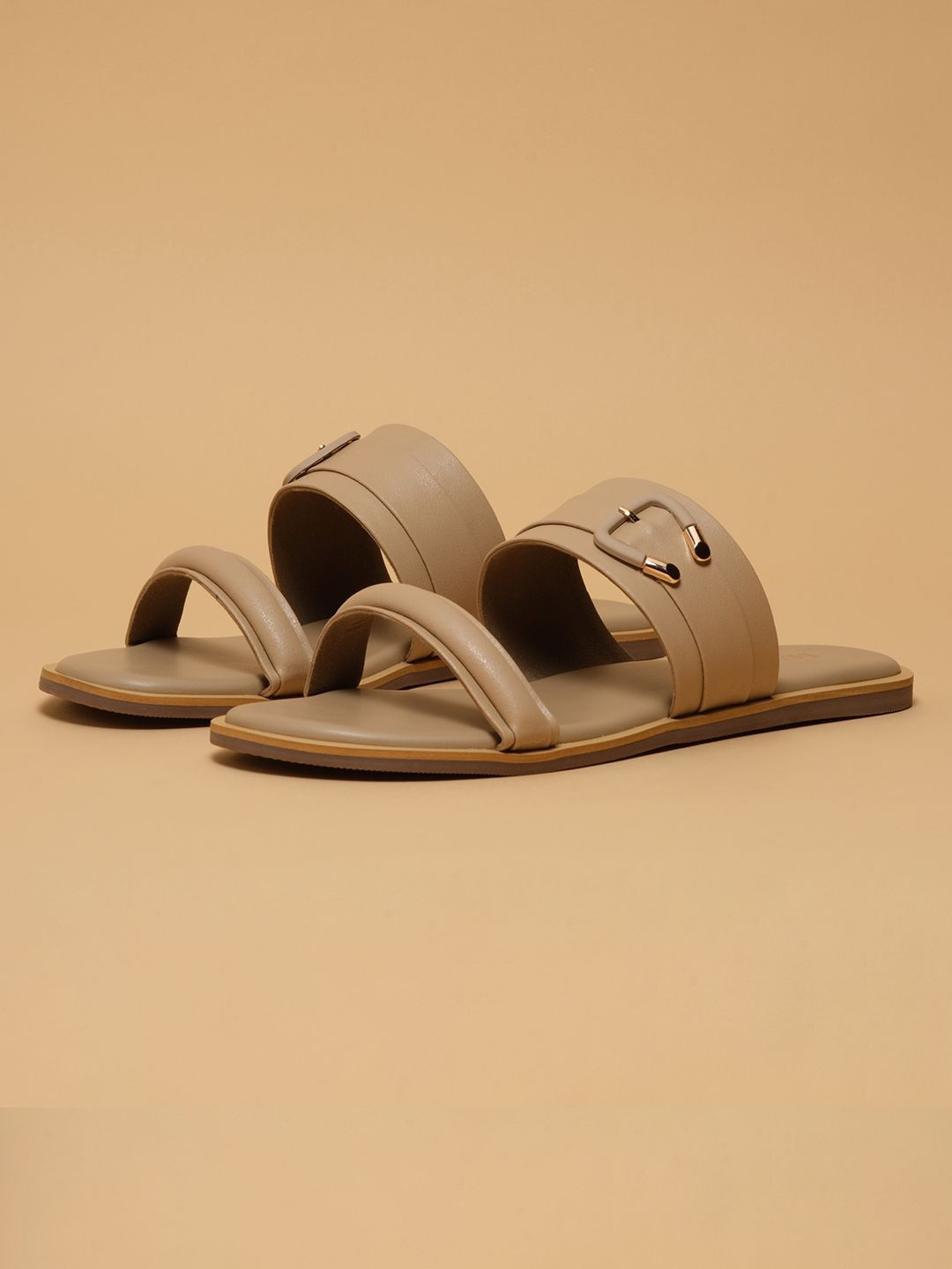 ERIDANI Women Solid Open Toe Zania Slip-on Flats with Buckles