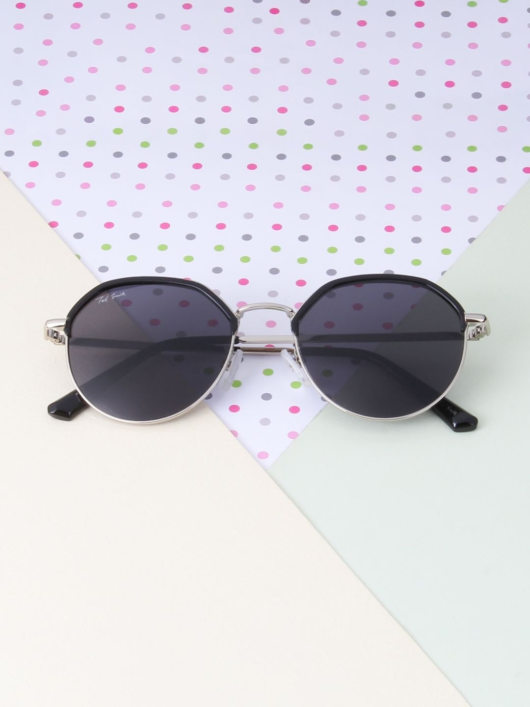 Ted Smith Unisex Round Silver-Black UV Protected Sunglasses With Polarized Lenses