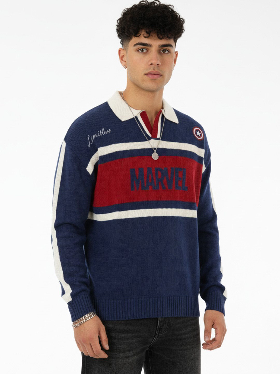 glitchez Typography Marvel Shirt Collar Drop-Shoulder Sleeves Oversized Sweaters