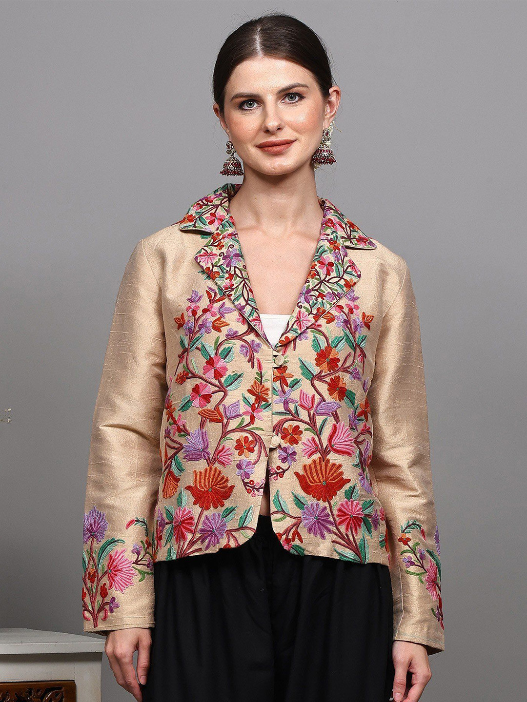 Exotic India Women Floral Double Collar Crop Silk Tailored Jacket with Embroidered