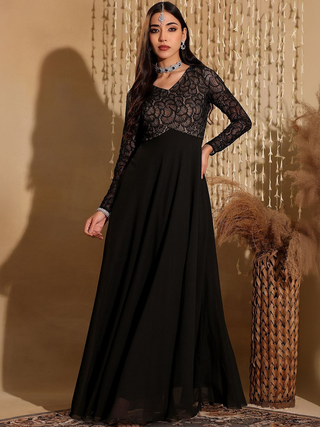 Miss Chase Women's V-Neck Full Sleeve Self Design Lace-Overlaid Georgette Maxi Dress