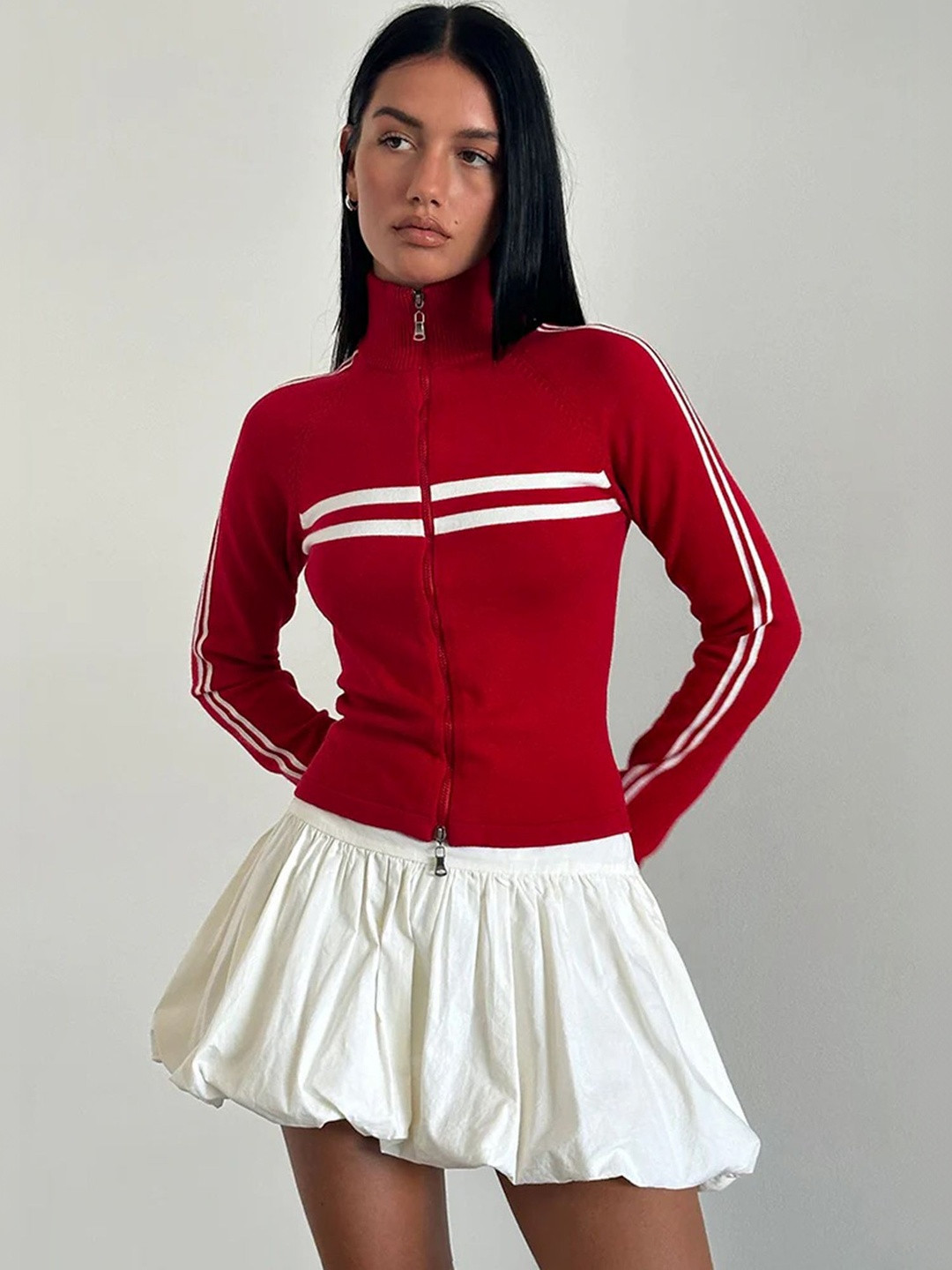 LULU & SKY Women Striped Sporty High Neck Zip Jacket