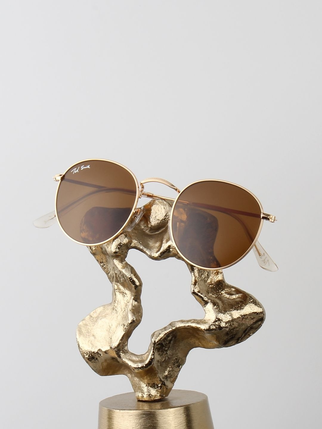 Ted Smith Unisex Round Gold-Brown UV Protected Sunglasses With Glass Lenses
