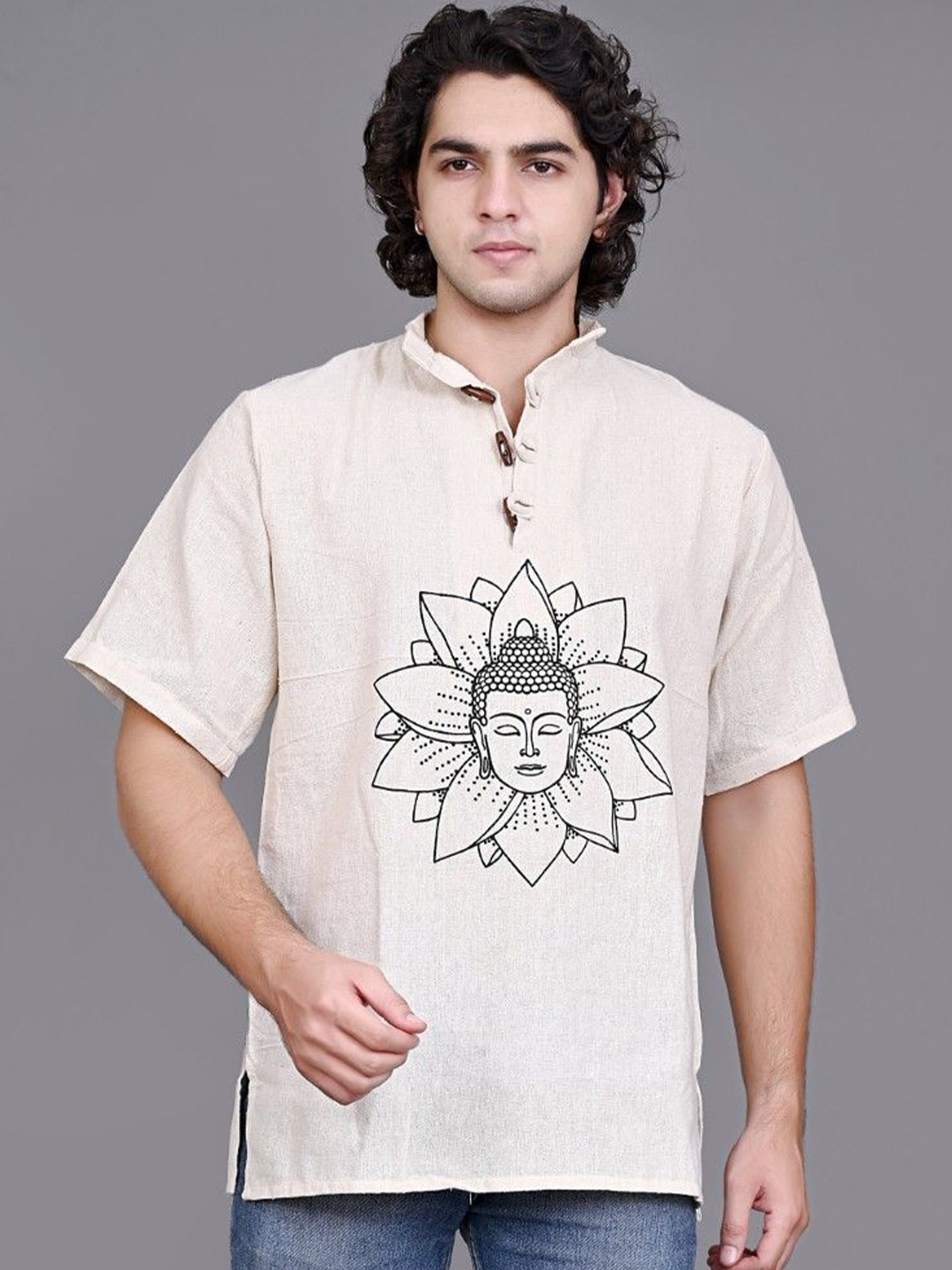 Difneez Printed Band Collar Short Sleeves Cotton Khadi Short Kurta