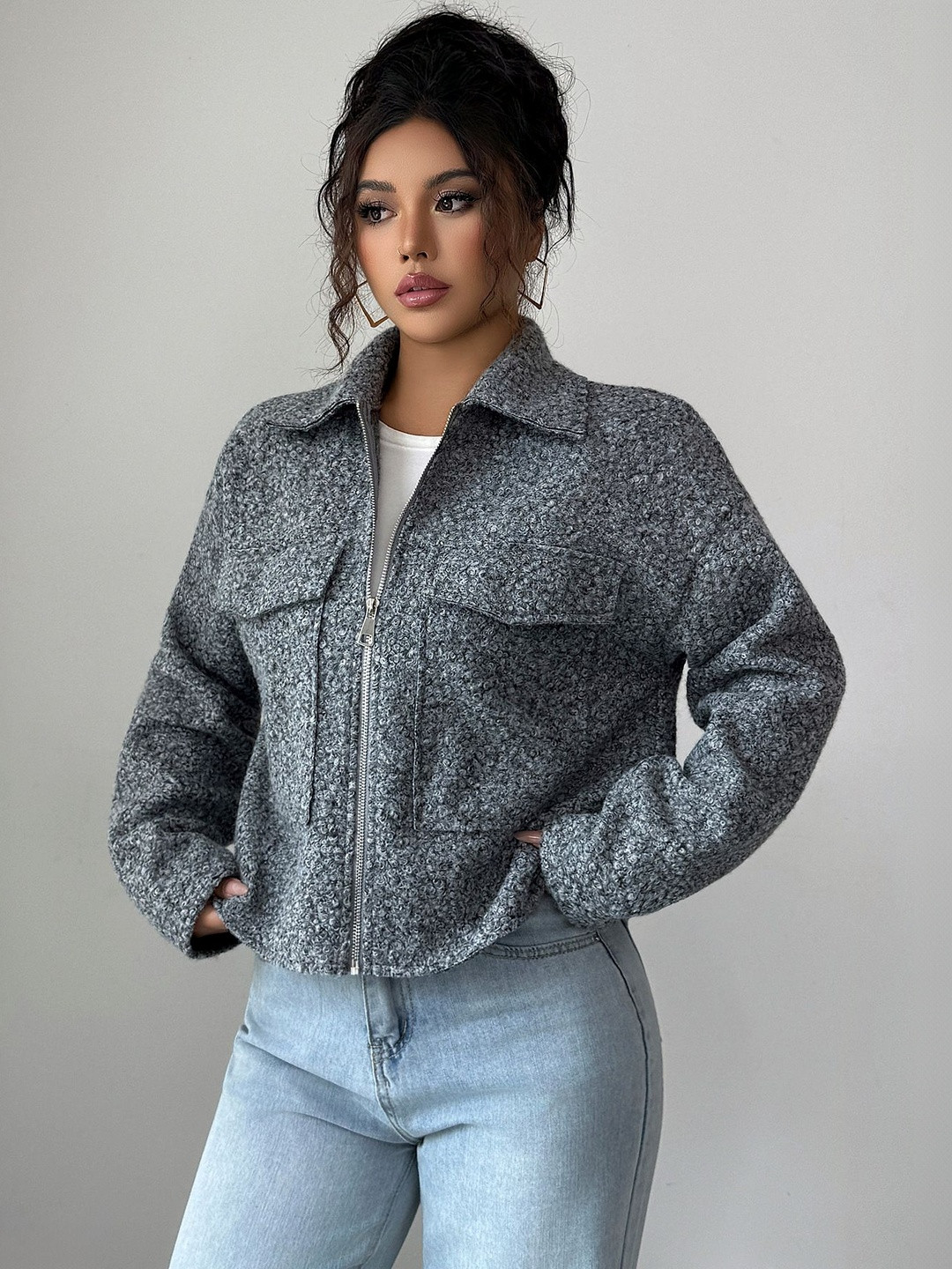 bebe Boucle Spread Collar Long Sleeve Single Breasted Blazer