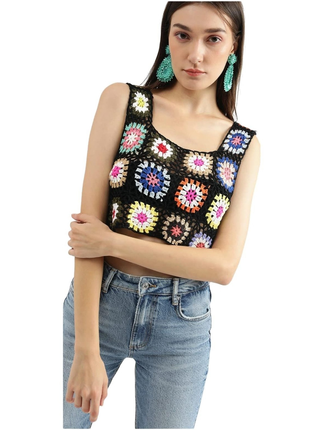 YANA FASHION Embellished Woollen Crochet Crop Top