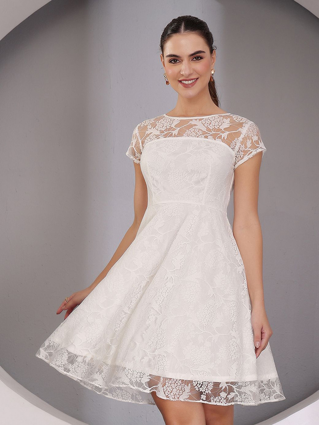 Miss Chase Women's Round Neck Cap Sleeve Self-Designed Skater Mini Dress