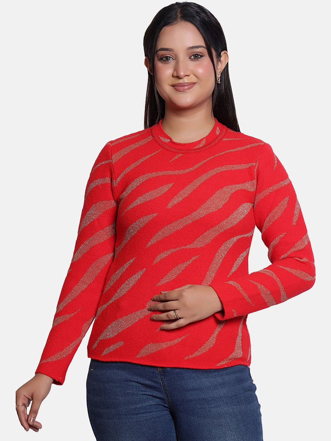 FINELUCK Animal Print Self Design Long Sleeves Acrylic Cardigan Sweaters