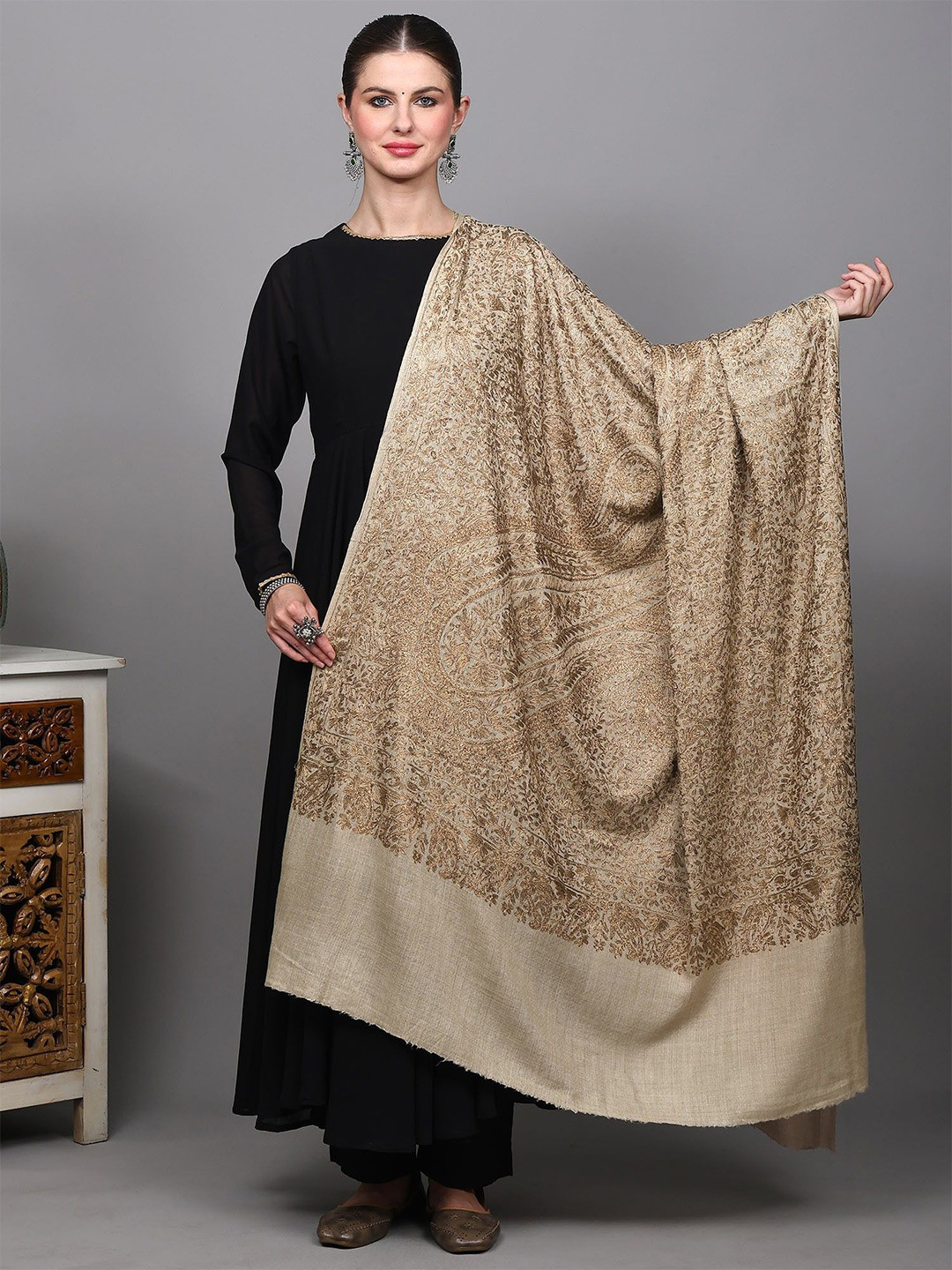 Exotic India Paisley Embroidered Shawl With Printed Boarder