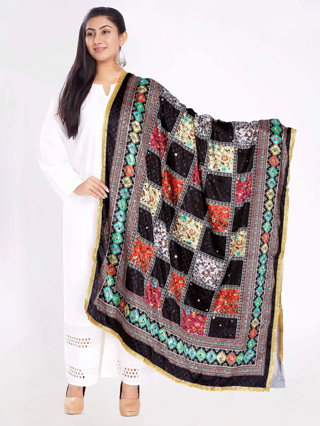 Rani Saahiba Floral Printed Mirror Work Taping Border Dupatta