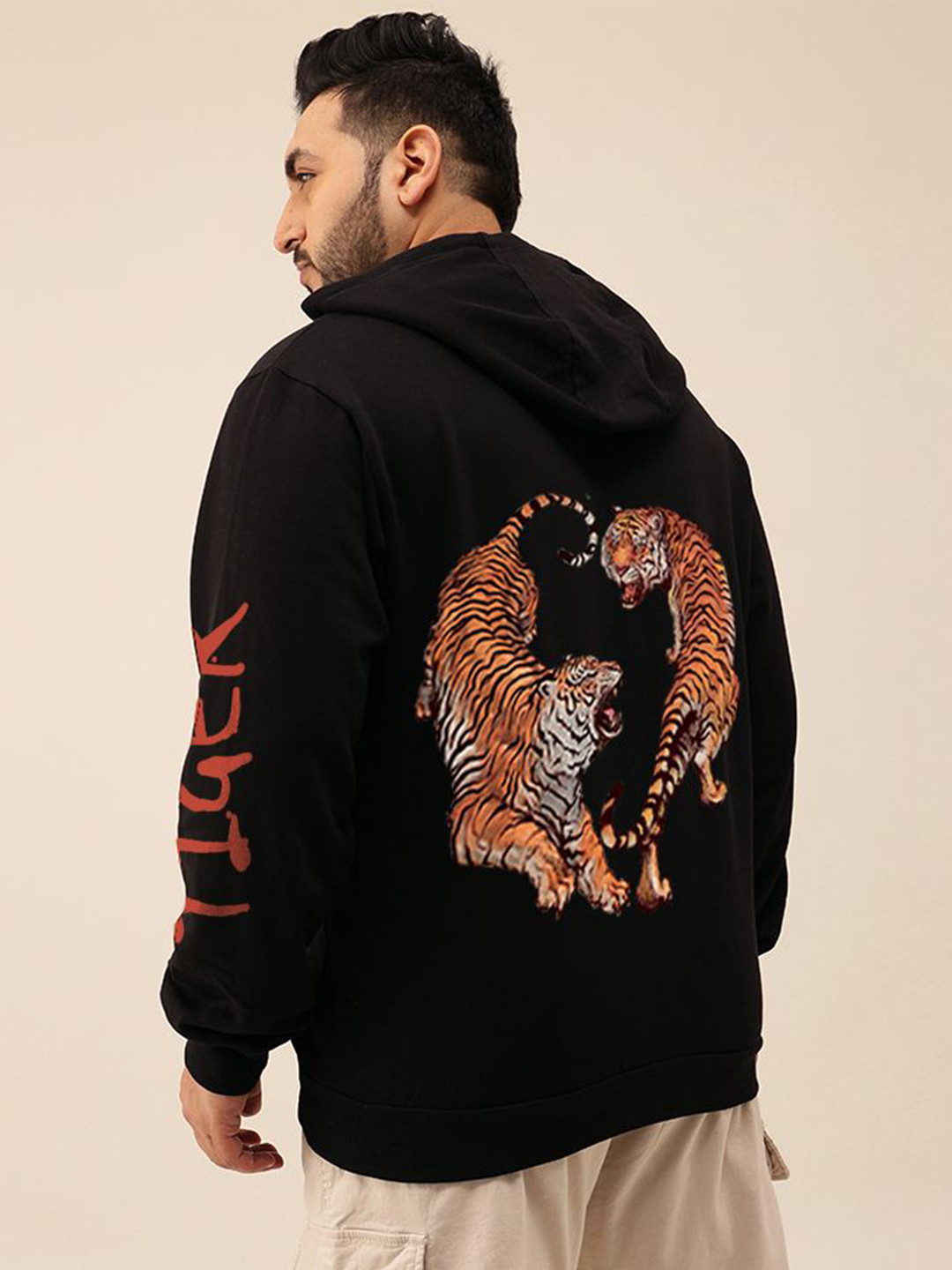 UNSTD Plus Size Men Black Printed Pullover Hooded Sweatshirt