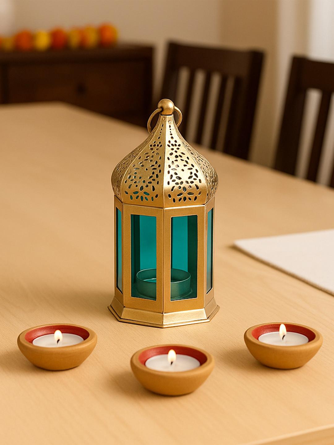 MARKET99 Gold-Toned & Blue Moroccan Candle Holder
