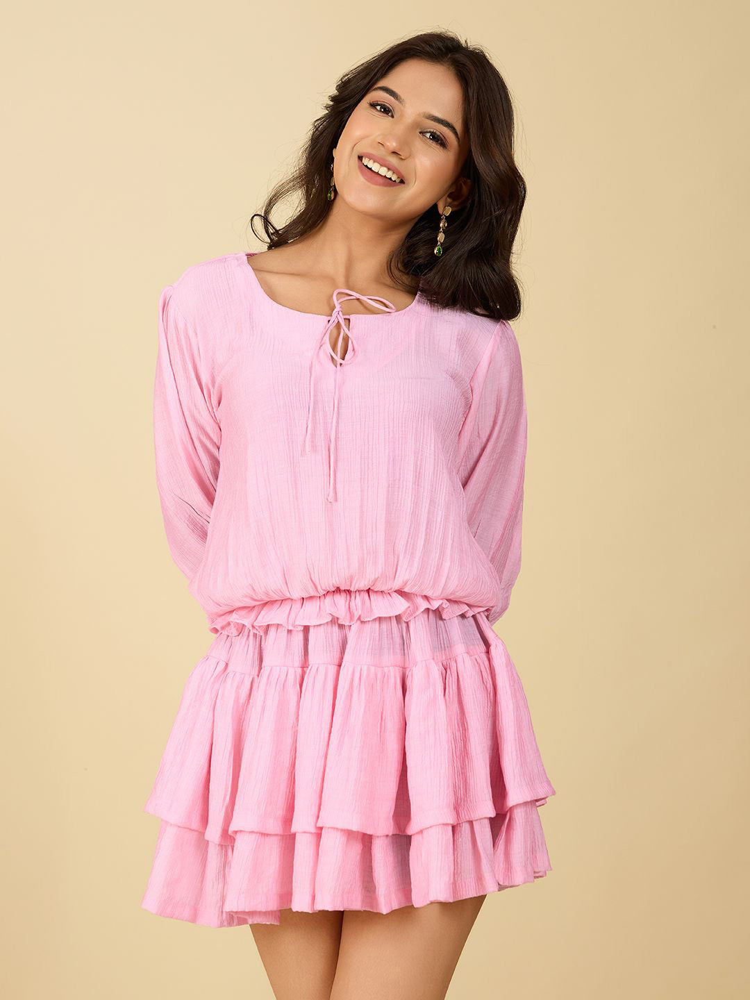 4WRD by Dressberry Tie-Up Neck Ruffled Fit & Flare Mini Dress