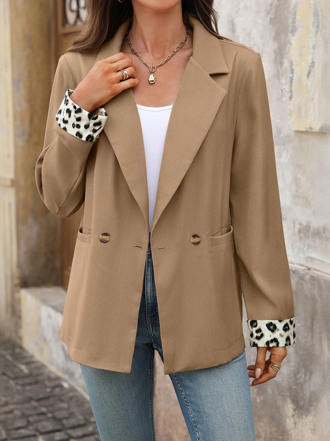 LULU & SKY Leopard Cuff Notched Lapel Overcoat