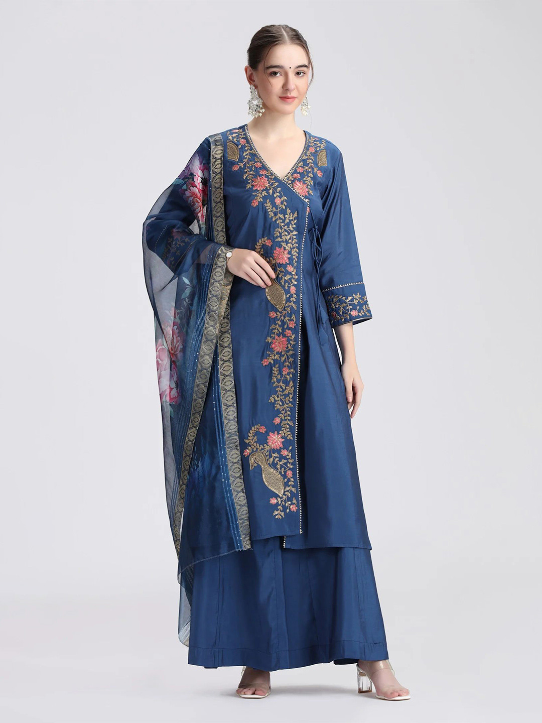 COTTON CULTURE Floral Embroidered V-Neck Thread Work Angrakha Kurtas And Dupatta Set