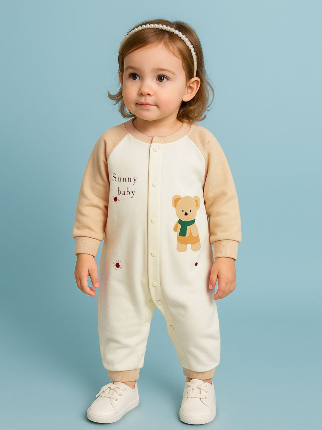 Kidbea Kids Printed Round Neck Long Sleeves Snap Button Soft Cotton Rompers