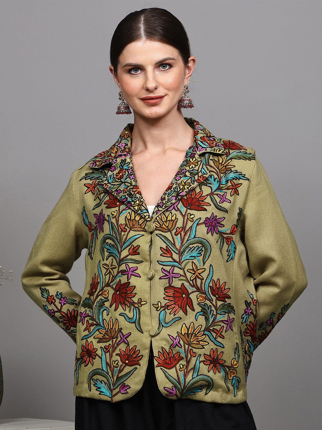 Exotic India Women Floral Woollen Crop Tailored Jacket