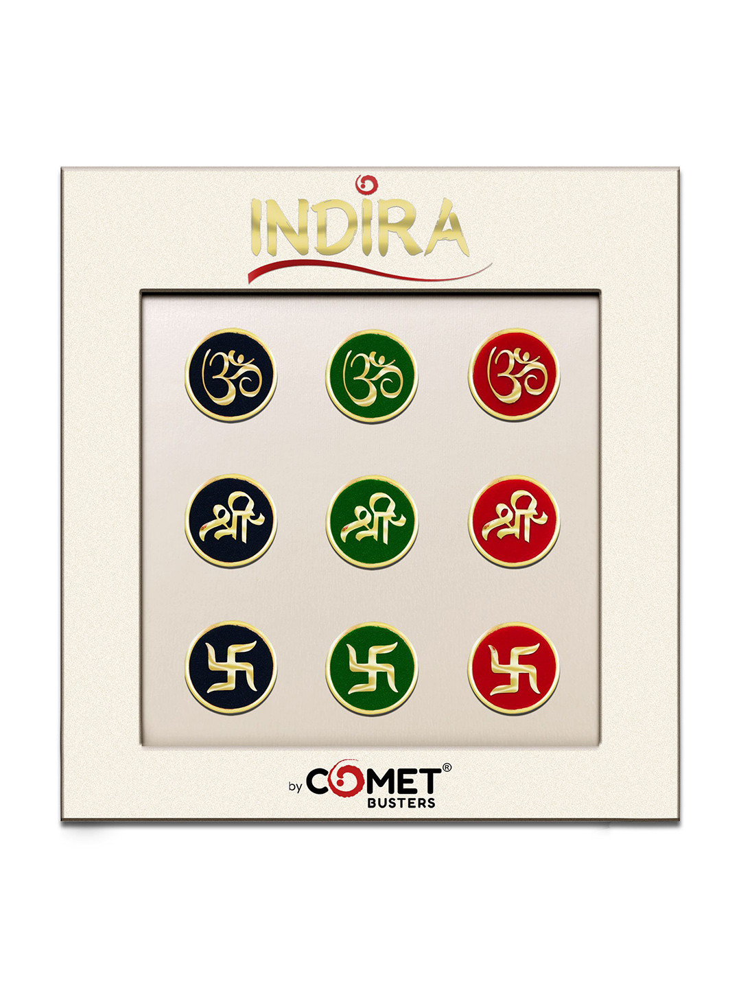 Comet Busters Round Spiritual OM Swastika Shree Adhesive Handcrafted Bindi - Black & Red