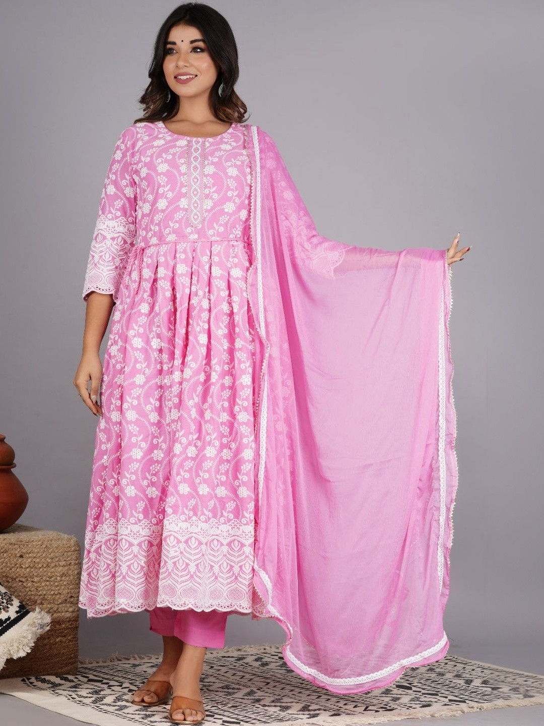 Set of Shine Shop Women Floral Embroidered Pure Cotton Kurta with Palazzos & With Dupatta