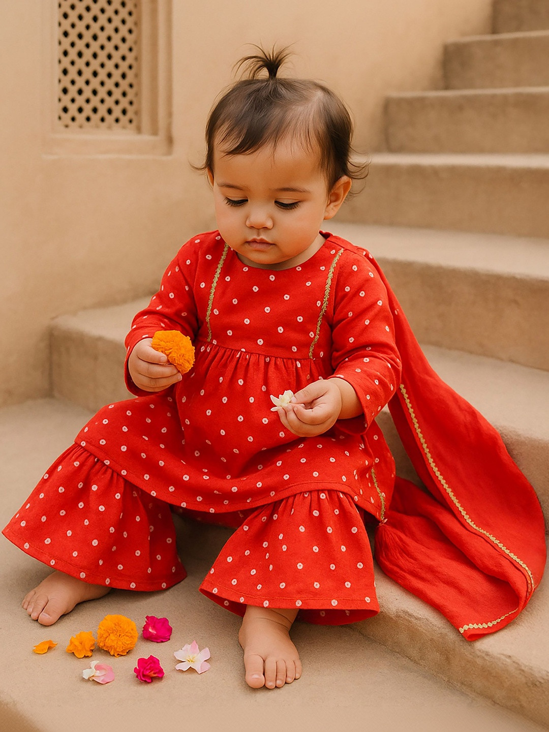 Somersault Girls Bandhani Printed Angrakha Kurta And Sharara With Dupatta